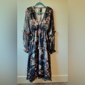 🪻NWT - Pleated Tiered Midi Sheer Dress in Floral Print with Lace Trim